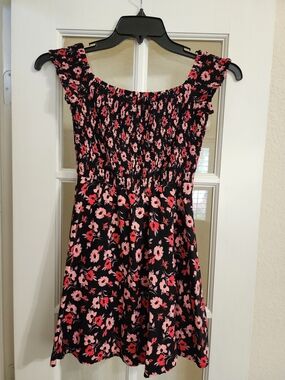 Express Floral Smocked Mini Dress XS Black Pink Flutter Sleeve Rayon